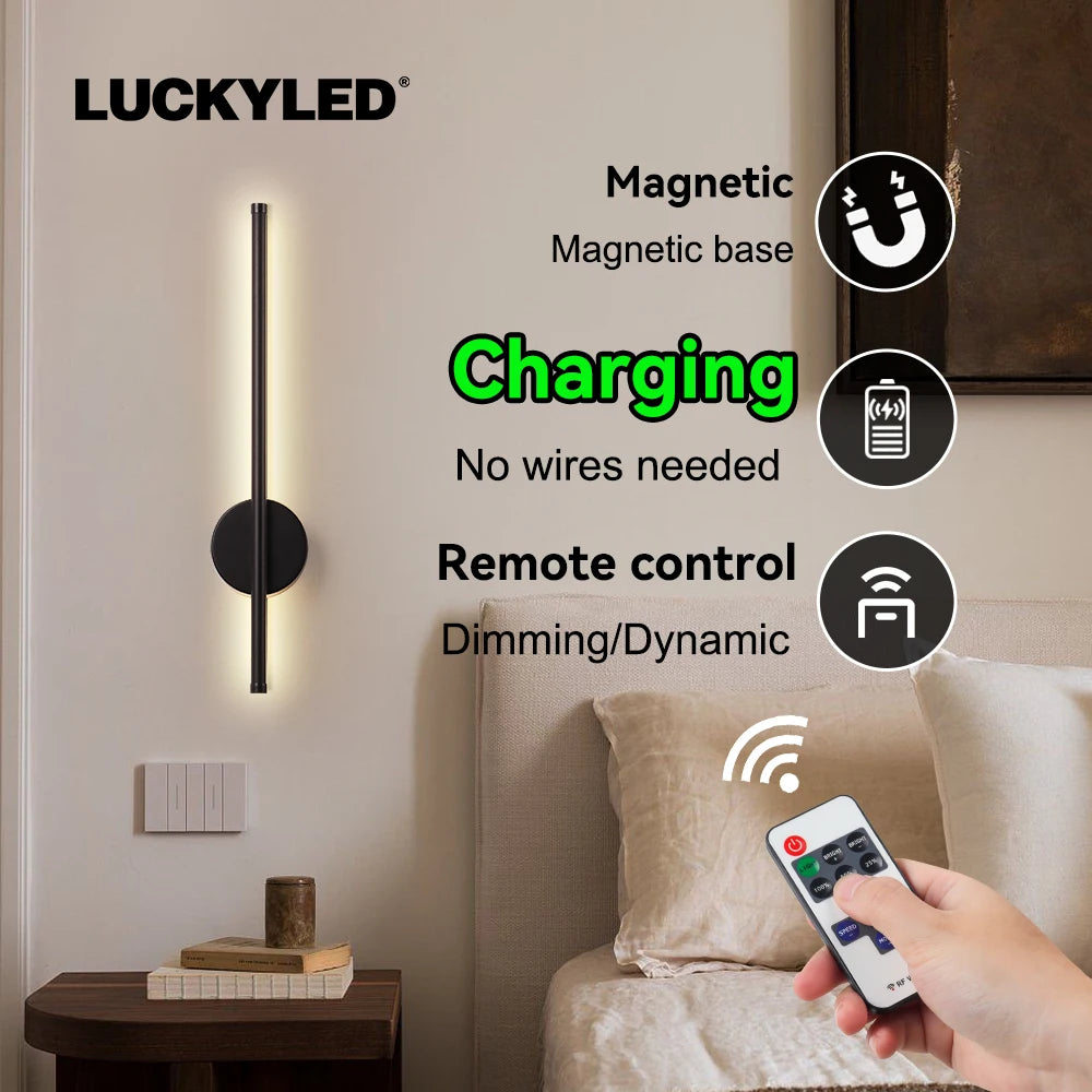 Lukcyled recarregável sem fio led lâmpada de parede controle remoto escurecimento quarto lâmpada luz decorativa 50/80cm luz moderna preto